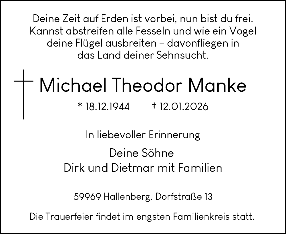  Traueranzeige für Michael Theodor Manke vom 24.01.2026 aus Neue Westfälische und Westfalen-Blatt