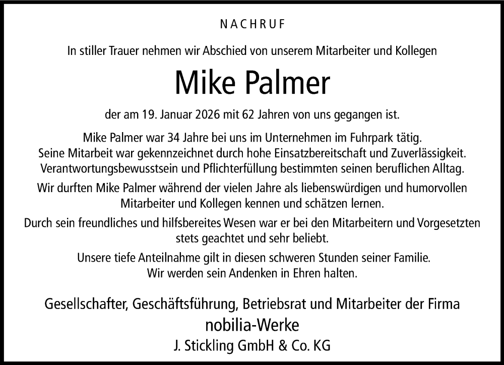  Traueranzeige für Mike Palmer vom 31.01.2026 aus Neue Westfälische und Westfalen-Blatt