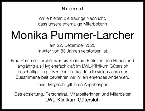 Traueranzeige von Monika Pummer-Larcher von Neue Westfälische und Westfalen-Blatt