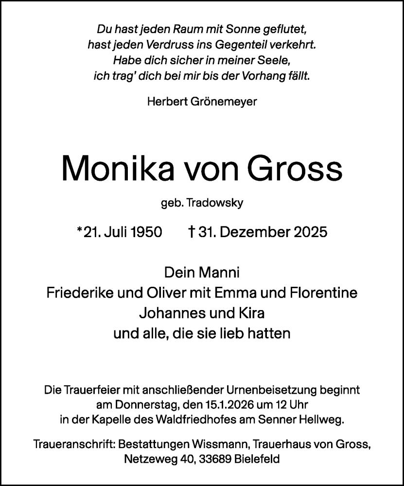  Traueranzeige für Monika von Gross vom 10.01.2026 aus Neue Westfälische und Westfalen-Blatt