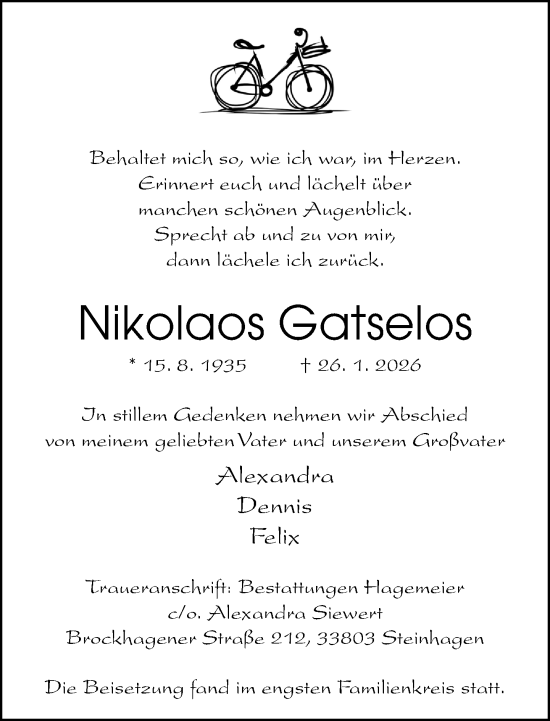 Traueranzeige von Nikolaos Gatselos von Neue Westfälische und Westfalen-Blatt
