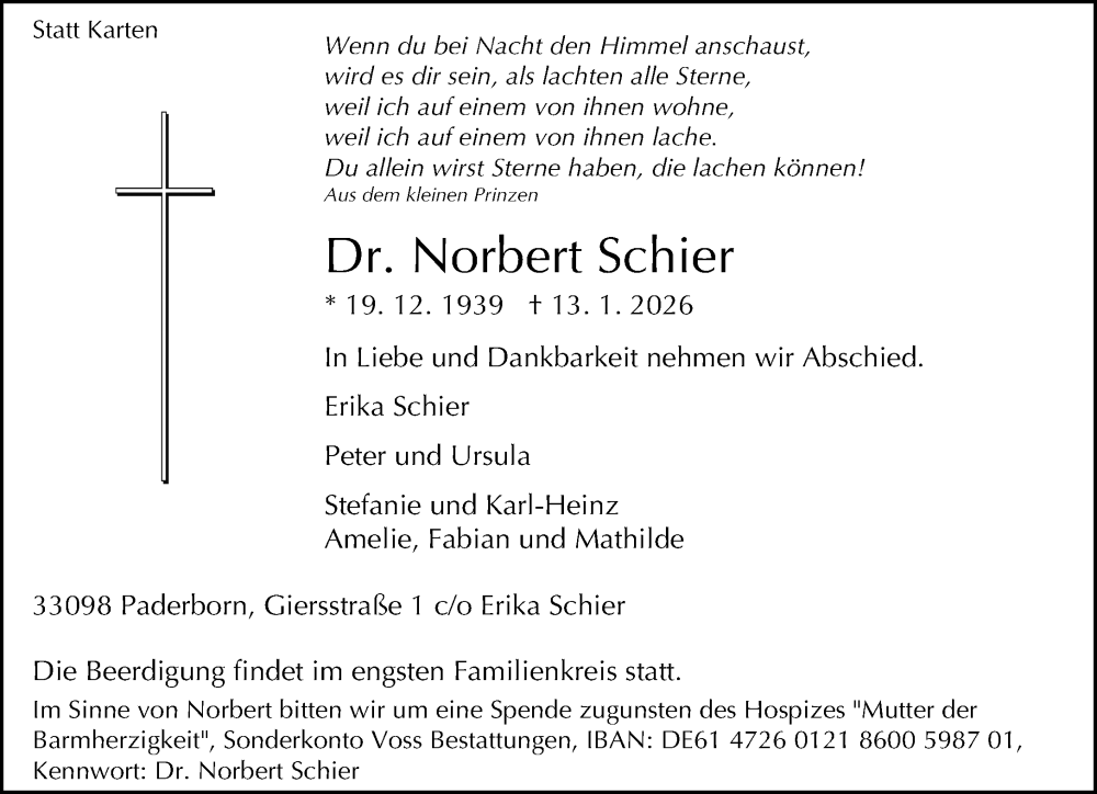  Traueranzeige für Norbert Schier vom 24.01.2026 aus Neue Westfälische und Westfalen-Blatt