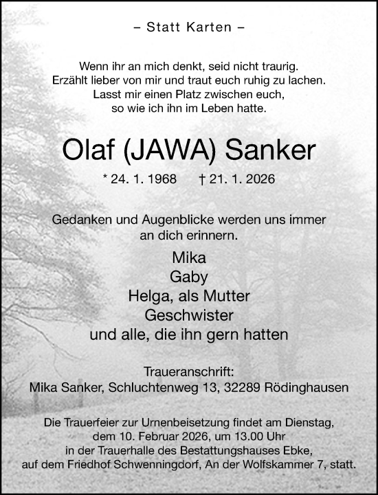 Traueranzeige von Olaf Sanker von Neue Westfälische und Westfalen-Blatt