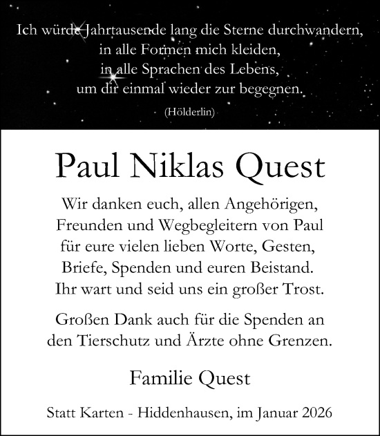Traueranzeige von Paul Niklas Quest von Neue Westfälische und Westfalen-Blatt