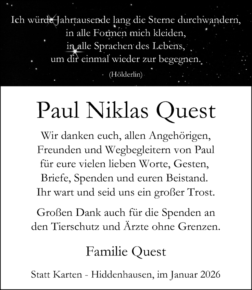  Traueranzeige für Paul Niklas Quest vom 31.01.2026 aus Neue Westfälische und Westfalen-Blatt