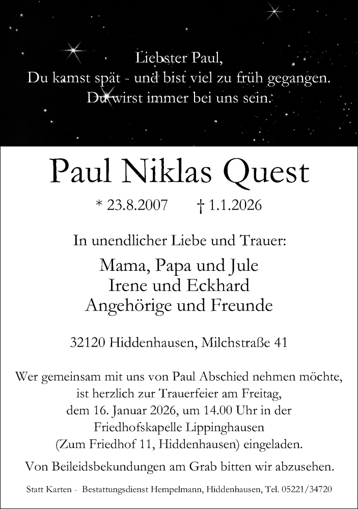  Traueranzeige für Paul Niklas Quest vom 10.01.2026 aus Neue Westfälische und Westfalen-Blatt