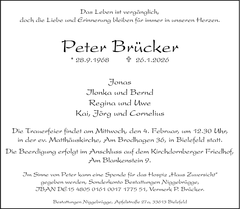  Traueranzeige für Peter Brücker vom 31.01.2026 aus Neue Westfälische und Westfalen-Blatt