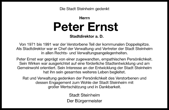 Traueranzeige von Peter Ernst von Neue Westfälische und Westfalen-Blatt