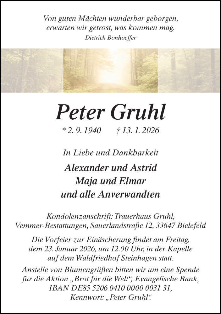  Traueranzeige für Peter Gruhl vom 17.01.2026 aus Neue Westfälische und Westfalen-Blatt