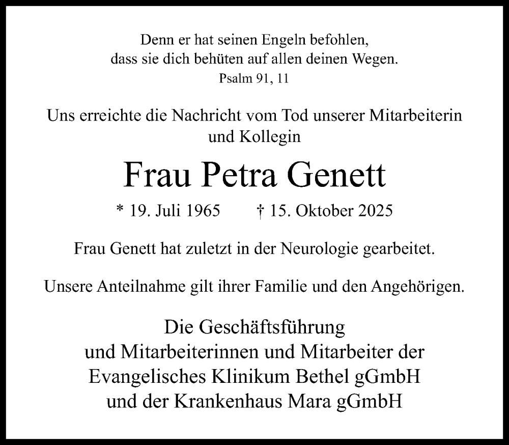  Traueranzeige für Petra Genett vom 06.01.2026 aus Neue Westfälische und Westfalen-Blatt