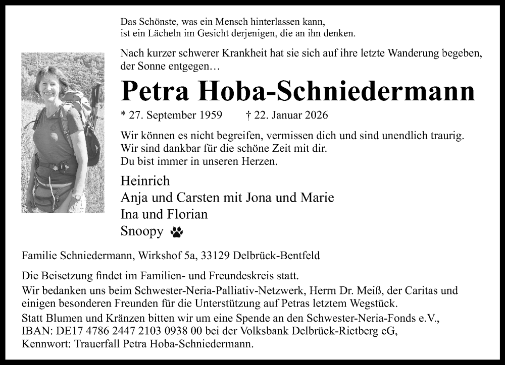 Traueranzeige für Petra Hoba-Schniedermann vom 28.01.2026 aus Neue Westfälische und Westfalen-Blatt