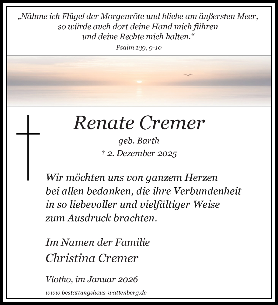  Traueranzeige für Renate Cremer vom 24.01.2026 aus Neue Westfälische und Westfalen-Blatt