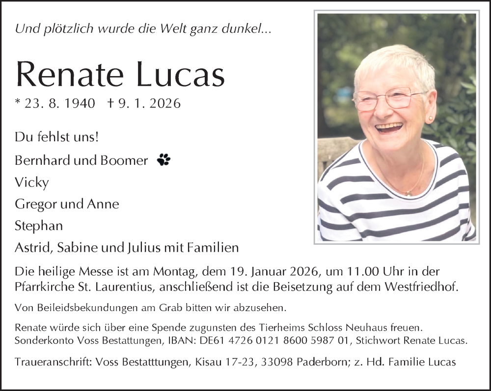  Traueranzeige für Renate Lucas vom 14.01.2026 aus Neue Westfälische und Westfalen-Blatt