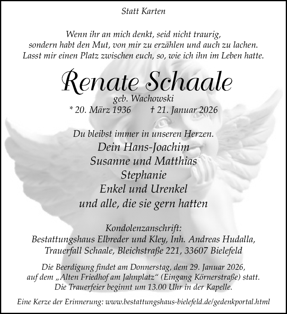  Traueranzeige für Renate Schaale vom 24.01.2026 aus Neue Westfälische und Westfalen-Blatt