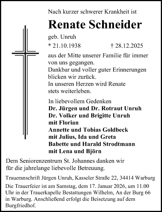 Traueranzeige von Renate Schneider von Neue Westfälische und Westfalen-Blatt