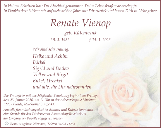 Traueranzeige von Renate Vienop von Neue Westfälische und Westfalen-Blatt
