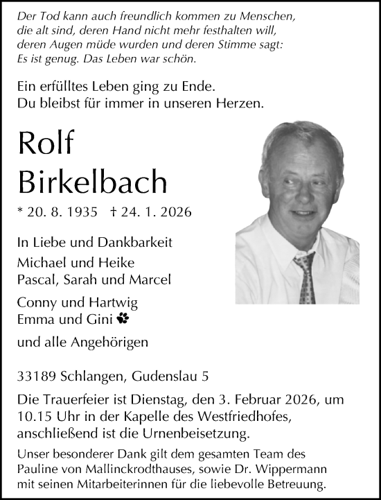 Traueranzeige von Rolf Birkelbach von Neue Westfälische und Westfalen-Blatt