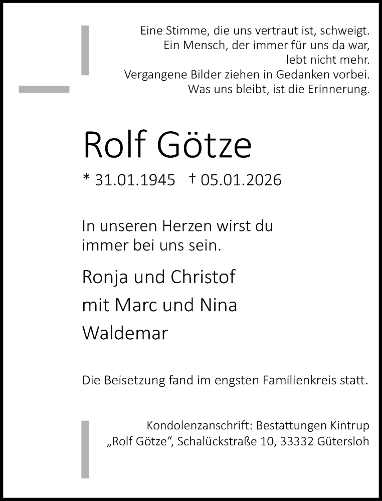  Traueranzeige für Rolf Götze vom 10.01.2026 aus Neue Westfälische und Westfalen-Blatt