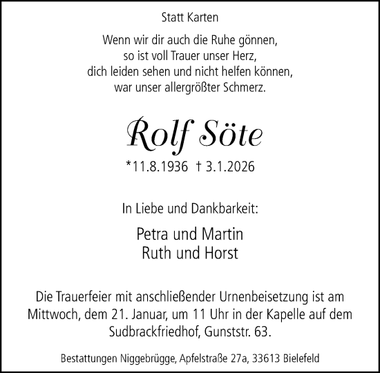 Traueranzeige von Rolf Söte von Neue Westfälische und Westfalen-Blatt
