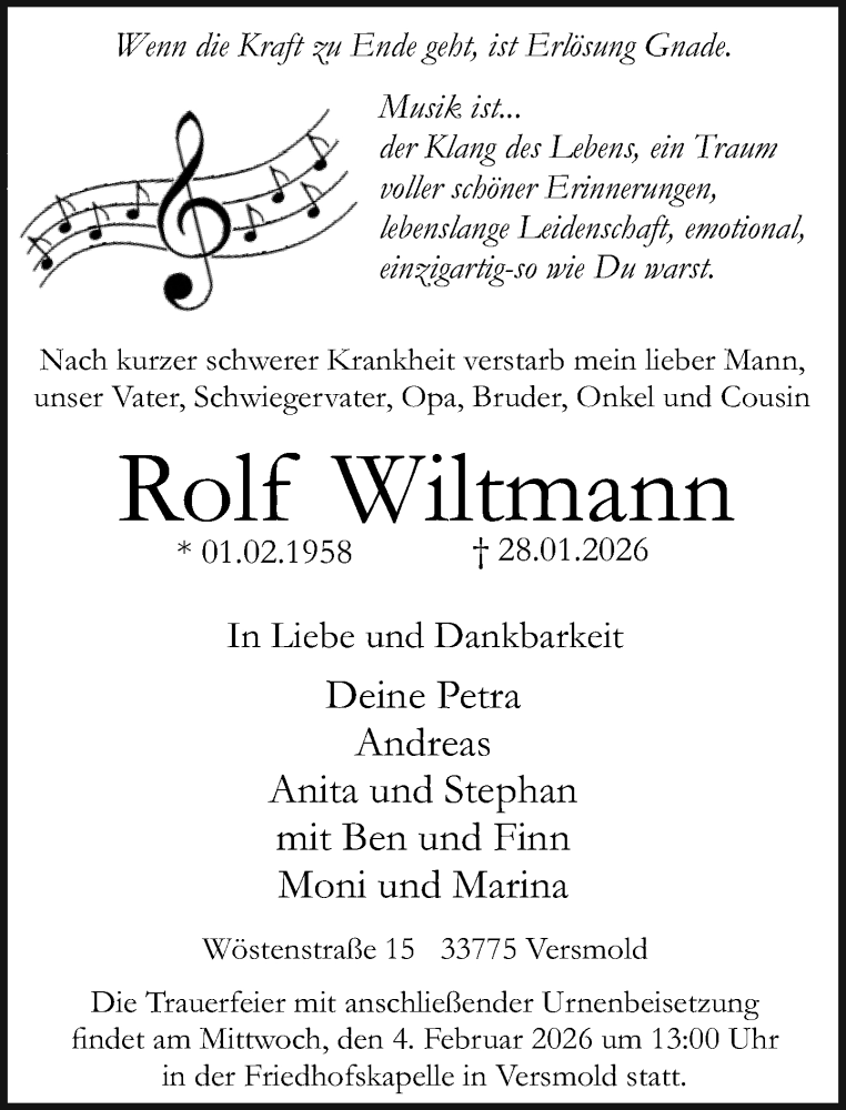  Traueranzeige für Rolf Wiltmann vom 30.01.2026 aus Neue Westfälische und Westfalen-Blatt