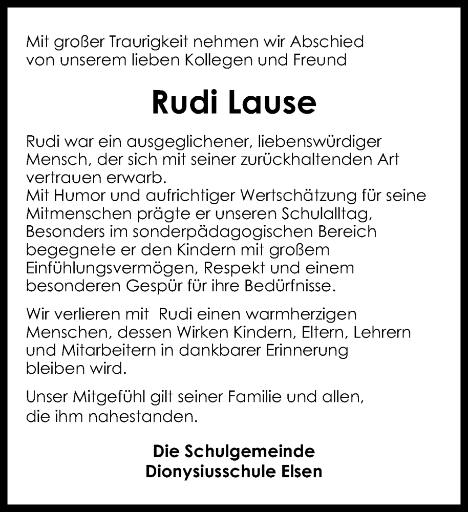  Traueranzeige für Rudi Lause vom 24.01.2026 aus Neue Westfälische und Westfalen-Blatt