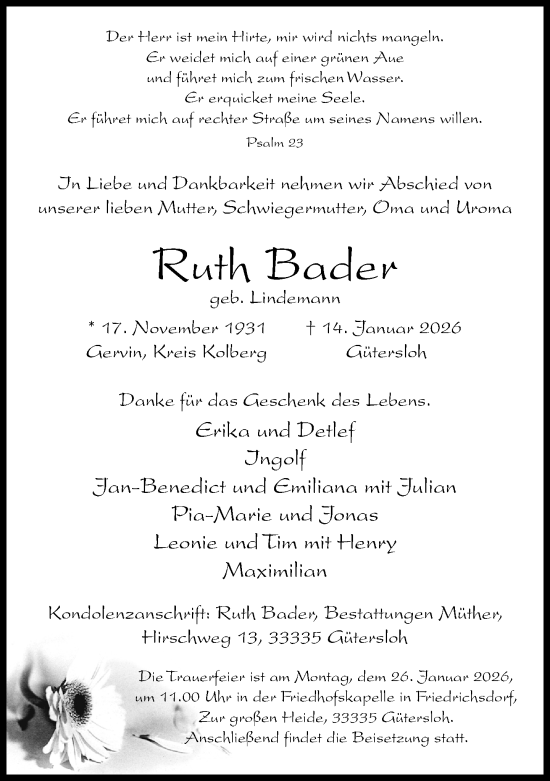 Traueranzeige von Ruth Bader von Neue Westfälische und Westfalen-Blatt