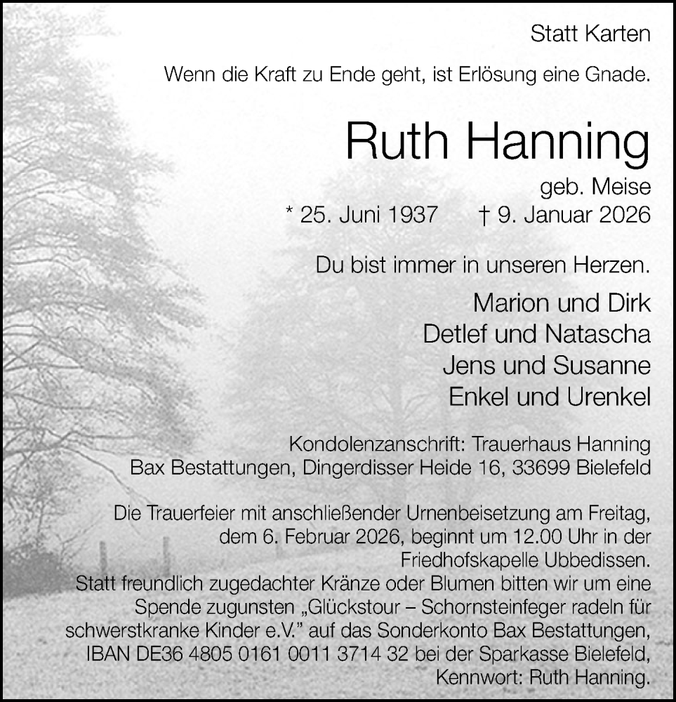  Traueranzeige für Ruth Hanning vom 17.01.2026 aus Neue Westfälische und Westfalen-Blatt