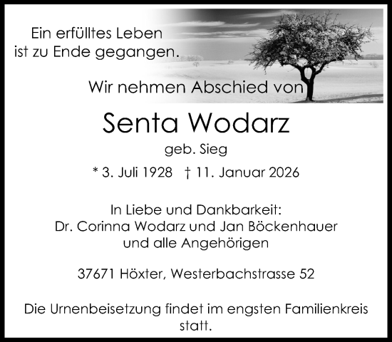 Traueranzeige von Senta Wodarz von Neue Westfälische und Westfalen-Blatt
