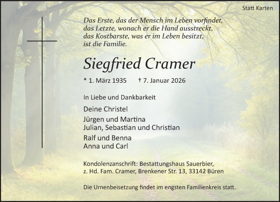 Traueranzeige von Siegfried Cramer von Neue Westfälische und Westfalen-Blatt