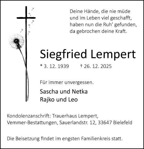 Traueranzeige von Siegfried Lempert von Neue Westfälische und Westfalen-Blatt