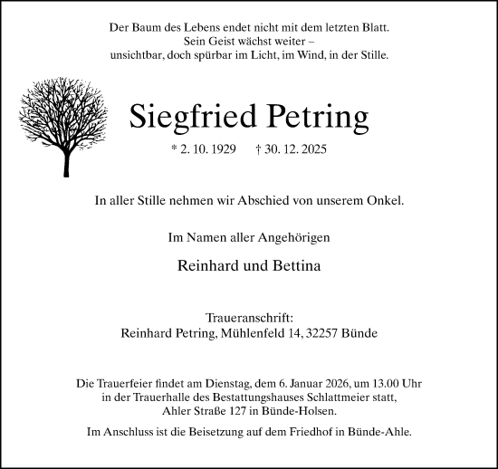 Traueranzeige von Siegfried Petring von Neue Westfälische und Westfalen-Blatt