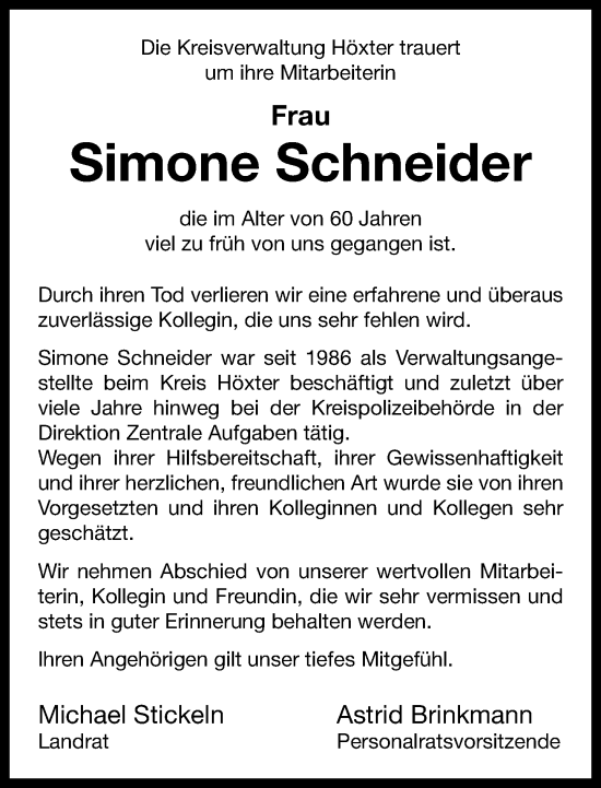 Traueranzeige von Simone Schneider von Neue Westfälische und Westfalen-Blatt