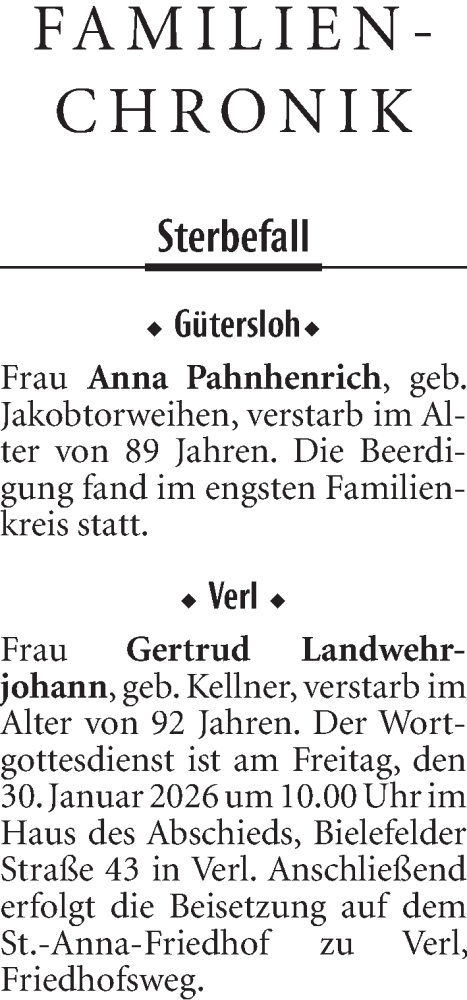  Traueranzeige für Sterbetafel vom 29.01.2026 vom 29.01.2026 aus Neue Westfälische und Westfalen-Blatt