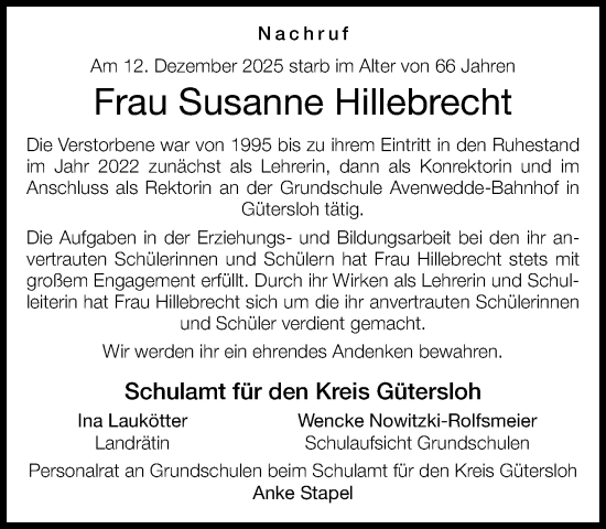 Traueranzeige von Susanne Hillebrecht von Neue Westfälische und Westfalen-Blatt
