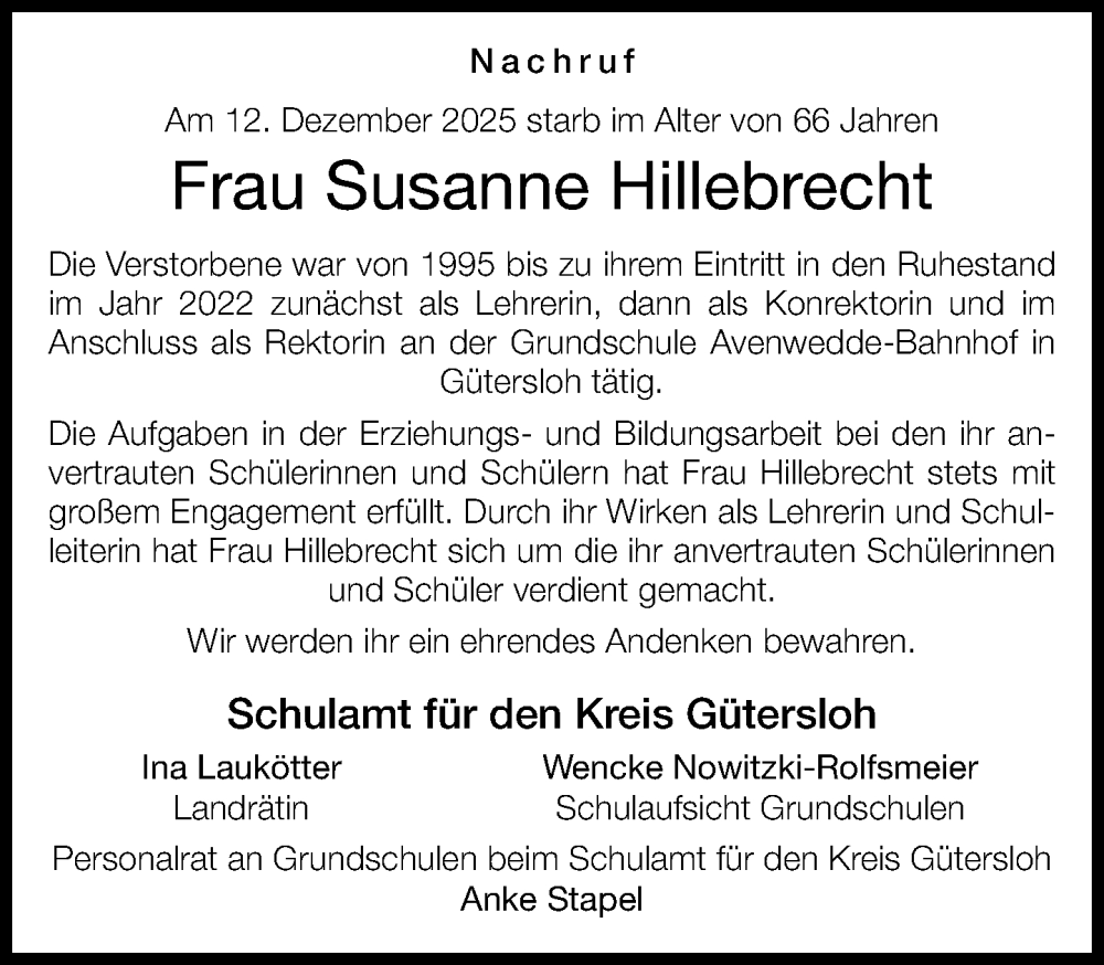  Traueranzeige für Susanne Hillebrecht vom 23.01.2026 aus Neue Westfälische und Westfalen-Blatt