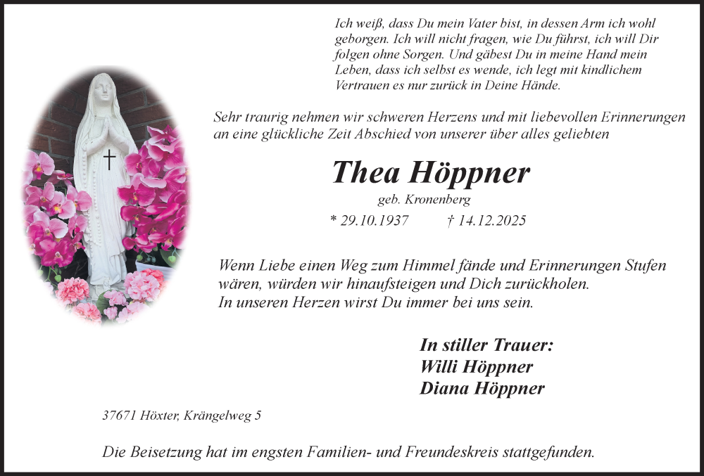  Traueranzeige für Thea Höppner vom 10.01.2026 aus Neue Westfälische und Westfalen-Blatt
