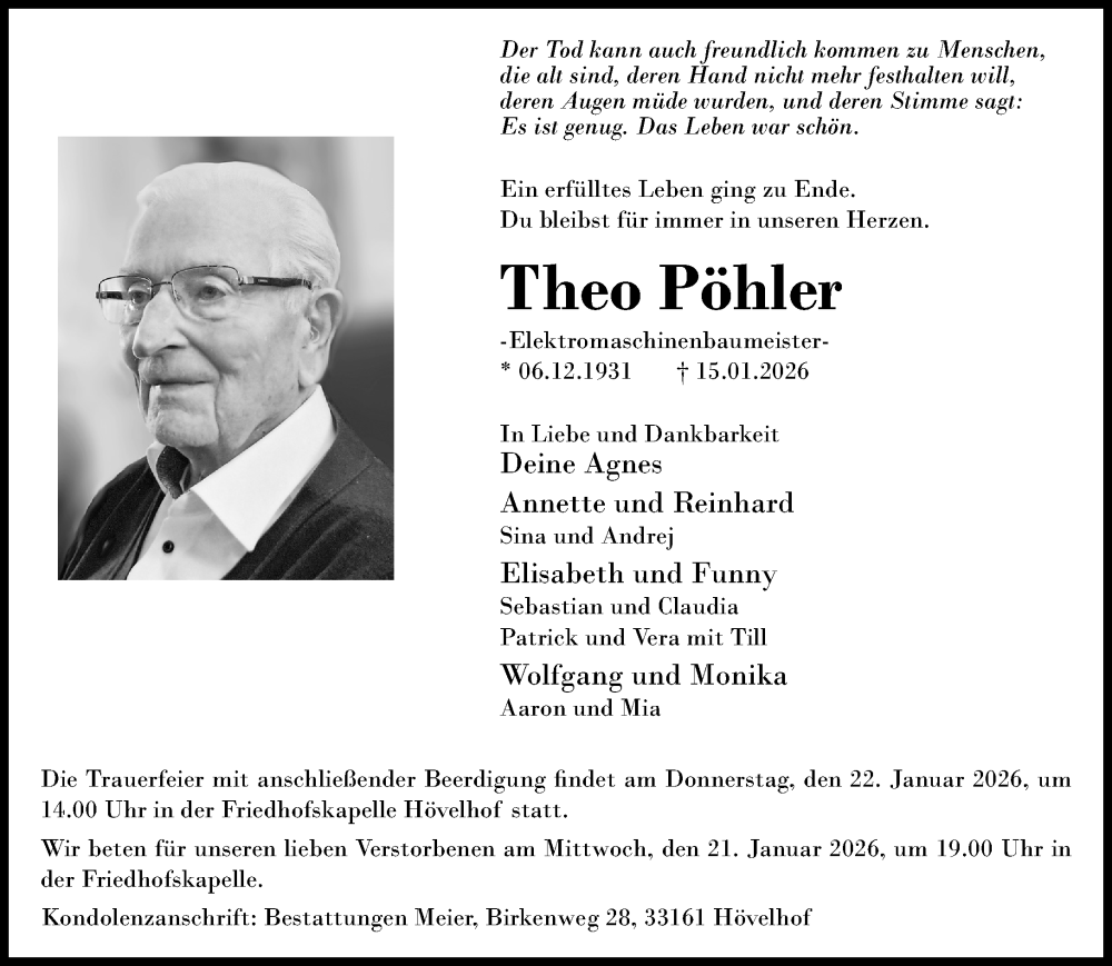  Traueranzeige für Theo Pöhler vom 17.01.2026 aus Neue Westfälische und Westfalen-Blatt