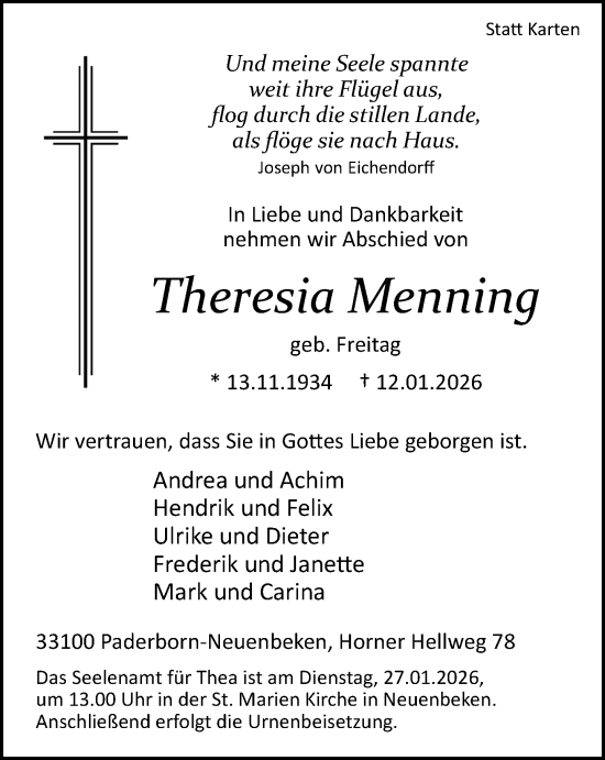 Traueranzeige von Theresia Menning von Neue Westfälische und Westfalen-Blatt