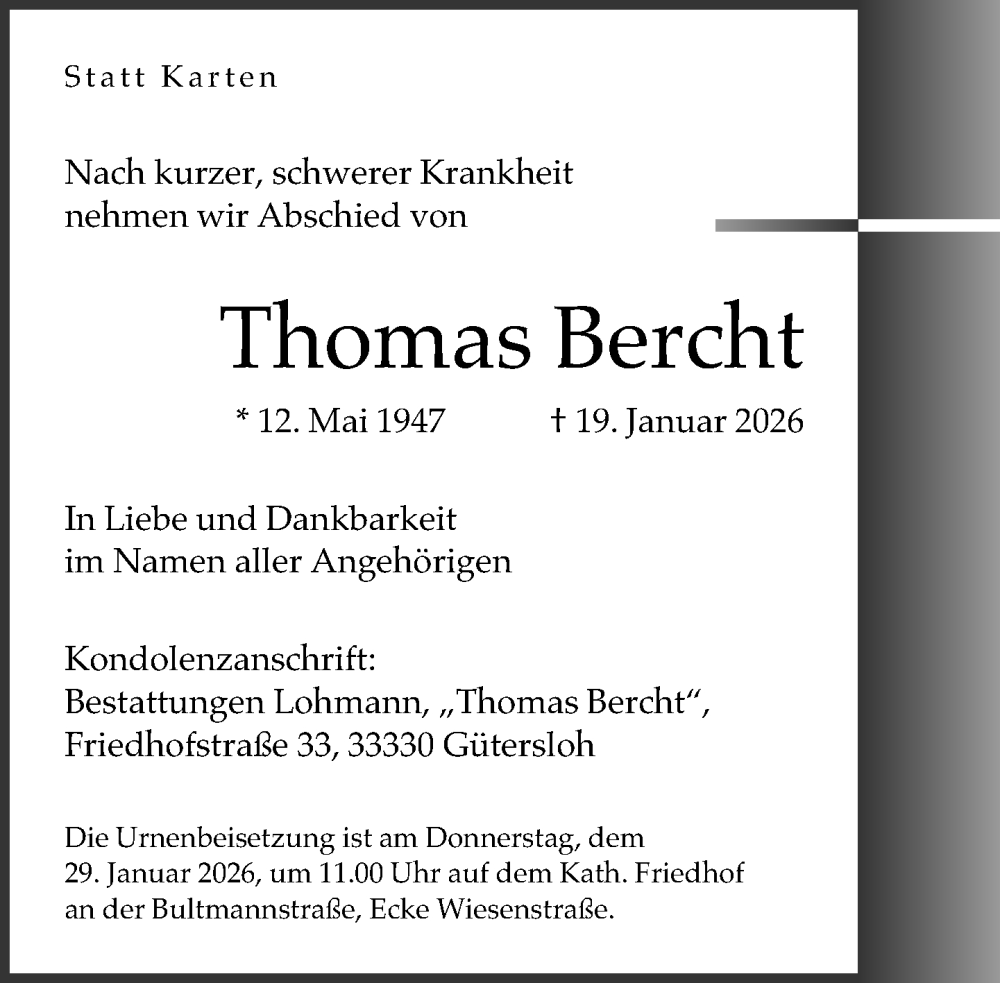  Traueranzeige für Thomas Bercht vom 24.01.2026 aus Neue Westfälische und Westfalen-Blatt