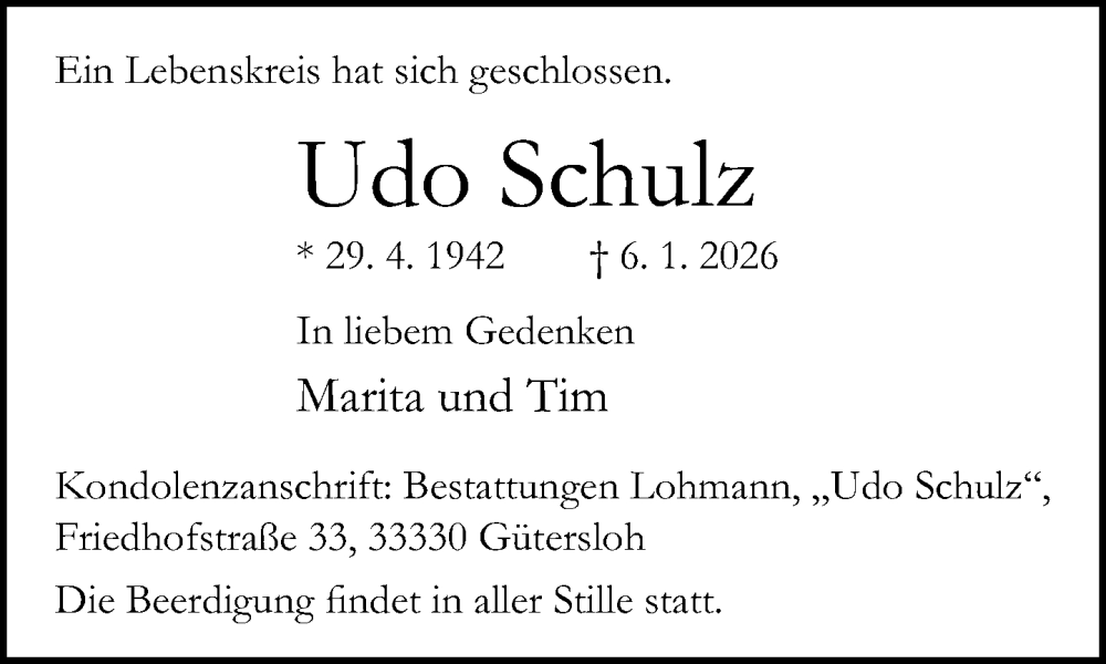  Traueranzeige für Udo Schulz vom 14.01.2026 aus Neue Westfälische und Westfalen-Blatt