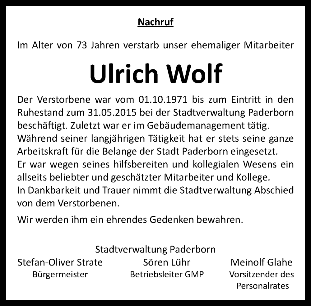  Traueranzeige für Ulrich Wolf vom 24.01.2026 aus Neue Westfälische und Westfalen-Blatt