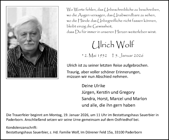 Traueranzeige von Ulrich Wolf von Neue Westfälische und Westfalen-Blatt
