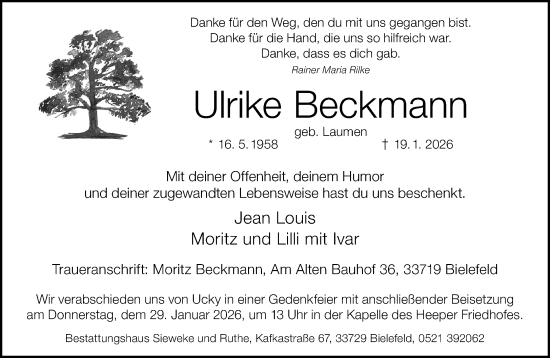 Traueranzeige von Ulrike Beckmann von Neue Westfälische und Westfalen-Blatt