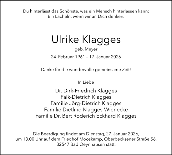 Traueranzeige von Ulrike Klagges von Neue Westfälische und Westfalen-Blatt