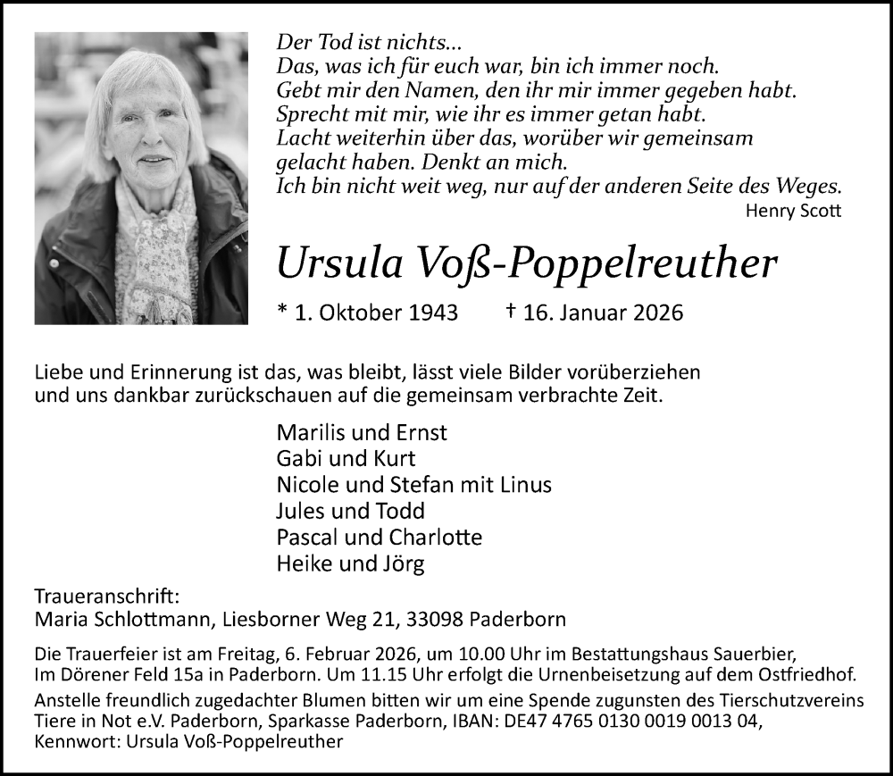  Traueranzeige für Ursula Voß-Poppelreuther vom 24.01.2026 aus Neue Westfälische und Westfalen-Blatt