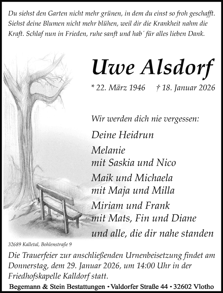  Traueranzeige für Uwe Alsdorf vom 24.01.2026 aus Neue Westfälische und Westfalen-Blatt