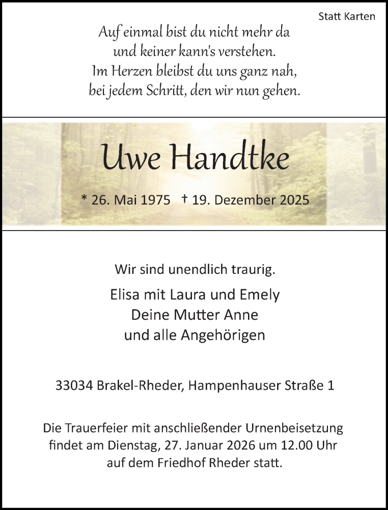  Traueranzeige für Uwe Handtke vom 17.01.2026 aus Neue Westfälische und Westfalen-Blatt
