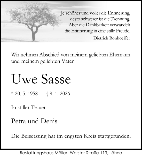 Traueranzeige von Uwe Sasse von Neue Westfälische und Westfalen-Blatt
