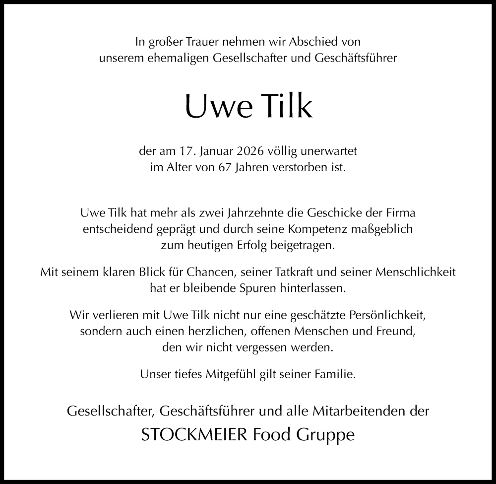  Traueranzeige für Uwe Tilk vom 24.01.2026 aus Neue Westfälische und Westfalen-Blatt