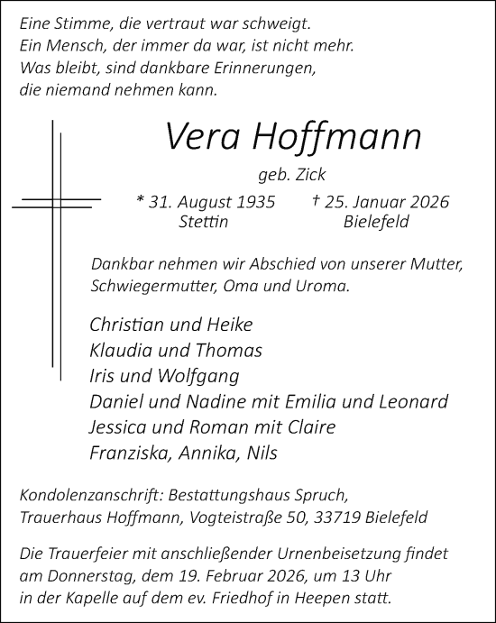 Traueranzeige von Vera Hoffmann von Neue Westfälische und Westfalen-Blatt